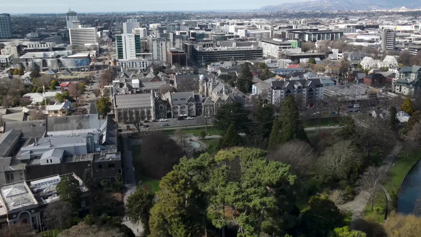 Christchurch aerial cityscape. Gothic old town, commercial buildings in CBD, Botanic Garden.