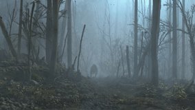 Scary Dinosaur silhouette approach in spooky foggy woods, fall season - Powered by Shutterstock - Get 15% off with code: PIKWIZARD15