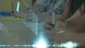 Animation of graphs, computer language, loading bars over diverse students writing in notepads. Digital composite, multiple exposure, report, business, progress, coding and technology concept. - Powered by Shutterstock - Get 15% off with code: PIKWIZARD15