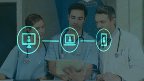 Animation of flowchart of icons over caucasian doctors discussing patient reports on digital tablet. Digital composite, multiple exposure, communication, teamwork, medical and technology concept. - Powered by Shutterstock - Get 15% off with code: PIKWIZARD15