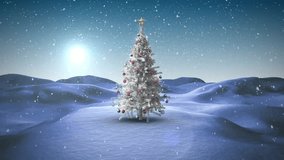 Animation of snowfall over decorated christmas trees on snow covered mountain against sky. Digitally generated, hologram, illustration, holiday, event, winter and celebration concept. - Powered by Shutterstock - Get 15% off with code: PIKWIZARD15