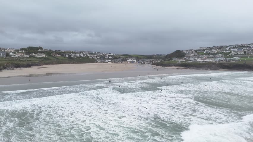 Polzeath beach Cornwall UK panning drone,aerial