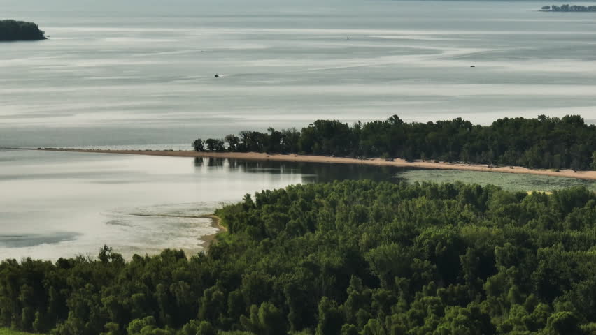 Hardwood Forests Surrounding Lake Pepin In Frontenac State Park In Minnesota, USA. aerial tilt-down
