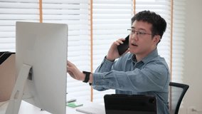 Asia busy people chinese deep tech talent expert man phone call talking working on IT big data science AI center BI smart tools screen. Office asian work cyber bot write low code skill program job. - Powered by Shutterstock - Get 15% off with code: PIKWIZARD15