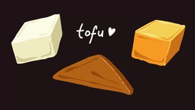 White, yellow, and marinated sweet soy sauce triangle tofu animation looping footage. Food vector art isolated on dark background.