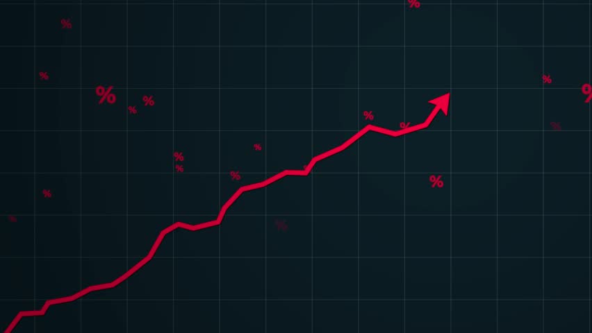 Increasing red arrow with percentage icons on a dark background - motion graphics