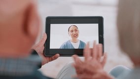 Video call, doctor and senior couple for healthcare support, virtual advice and telehealth service on tablet screen. Happy medical woman or nurse talking to elderly patient on digital technology app