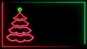 Animated Glowing Red Neon Christmas Tree on Black Background Neon illuminated Christmas abstract loop background New year and Holiday celebration card template Neon glowing lights rotating loop design