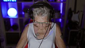 Grey-haired senior woman streamer hit with sadness while playing video game on computer in gaming room