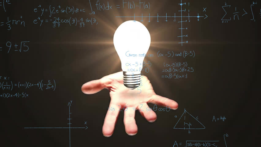 Animation of light bulb over woman's hand and mathematical data processing. Global science, computing and data processing concept digitally generated video.