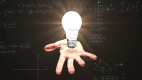 Animation of light bulb over woman's hand and mathematical data processing. Global science, computing and data processing concept digitally generated video. - Powered by Shutterstock - Get 15% off with code: PIKWIZARD15
