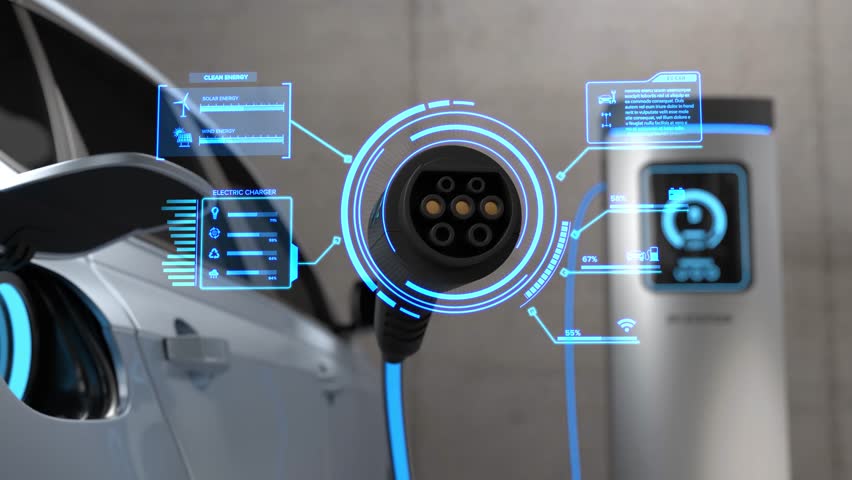 Electric car power charging, Charging technology, Clean energy filling technology, EV status hologram