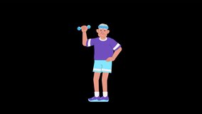 Senior man doing exercises animation ALPHA channel. Sport, active life, Healthy lifestyle for elderly people. Grandfather doing fitness with dumbbells. Loop animated stock video transparent background