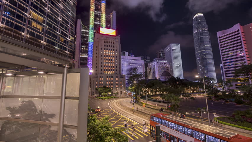 Hyperlapse of Experience the dynamic cityscape of Hong Kong's central business district at night with a mesmerizing hyperlapse showcasing iconic buildings | Shutterstock HD Video #1111289799