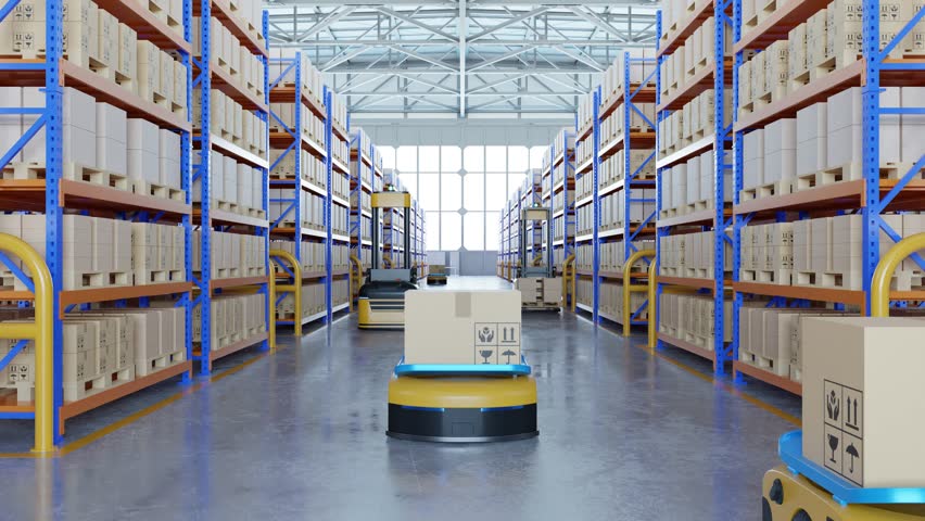 An army of robots efficiently sorting hundreds of parcels per hour(Automated guided vehicle) AGV.3d rendering