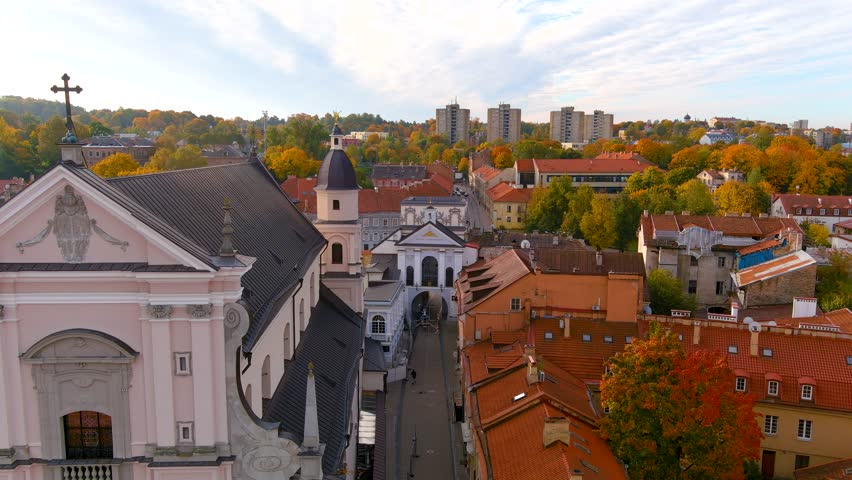 Beautiful aerial view of Vilnius city Old town in a bright sunny autumn morning Royalty-Free Stock Footage #1111293199