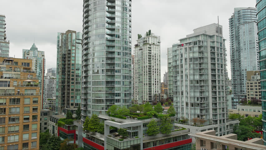 Contemporary High-Rise Buildings In The City Of Vancouver, British Columbia, Canada. Static Shot