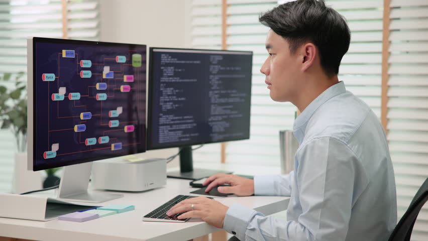 Smart AI cyber bot IT deep tech tools help write prompt python code web screen. Asia people asian man typing busy work predict big data mining center office upskill STEM expert skill job coder course. | Shutterstock HD Video #1111296171
