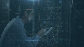 Animation of cyber security data processing against asian male engineer using tablet at server room. Cyber security and business data storage technology concept - Powered by Shutterstock - Get 15% off with code: PIKWIZARD15