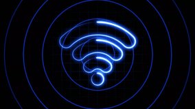Wi-Fi Wireless icon glowing neon sing isolated on black background. Radio waves motion graphic animation.4K Video
