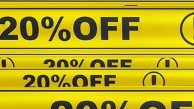 Discount 20 percentage. Yellow warning tapes in motion. Yellow warning tapes with black inscription 