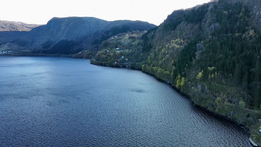 Bay of Langhelle, Old Bergen railway and road E16 seen in hillside, Aerial