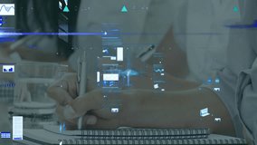 Animation of multiple graphs and trading board over caucasian children writing on notepads. Digital composite, multiple exposure, report, business, stock market, childhood and education concept. - Powered by Shutterstock - Get 15% off with code: PIKWIZARD15