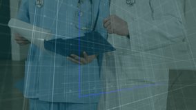 Animation of arrow on bar graph over caucasian doctors discussing patients reports in hospital. Digital composite, multiple exposure, business, growth, profit, medical and healthcare concept. - Powered by Shutterstock - Get 15% off with code: PIKWIZARD15