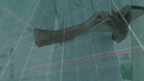 Animation of arrow on growing graph over biracial doctor scrolling on digital tablet in hospital. Digital composite, multiple exposure, report, business, growth, medical and technology concept. - Powered by Shutterstock - Get 15% off with code: PIKWIZARD15