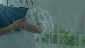 Animation of dots forming padlock in shield over caucasian doctors discussing patient reports. Digital composite, multiple exposure, protection, security, teamwork, medical and healthcare concept. - Powered by Shutterstock - Get 15% off with code: PIKWIZARD15