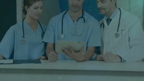 Animation of flowchart of icons over caucasian doctors discussing patient reports on digital tablet. Digital composite, multiple exposure, communication, teamwork, medical and technology concept. - Powered by Shutterstock - Get 15% off with code: PIKWIZARD15