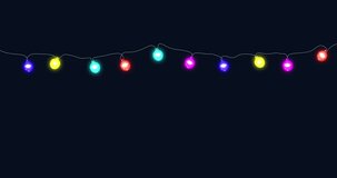 Colorful Christmas glowing lights on black. Christmas and New Year decorative garland with colored light tungsten bulbs. Festive decoration - garlands of glowing lights. 4K video graphic animation