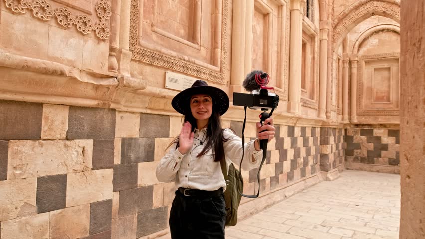 Photographer tourist woman visiting the historical Ishak Pasha Palace in Turkey’s Ağrı province is shooting a vlog with her camera for her followers. Visiting historical places.