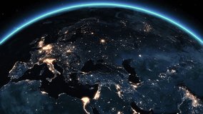 Animation of Spinning Planet Earth Seen from Space with city lights.  Power Outage, Blackout in Europe Turning Lights Off. International Earth Event. 
 - Powered by Shutterstock - Get 15% off with code: PIKWIZARD15