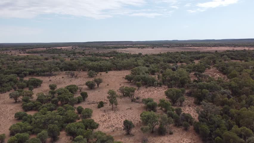 Aerial view of a remote Australian outback land with bushes and trees