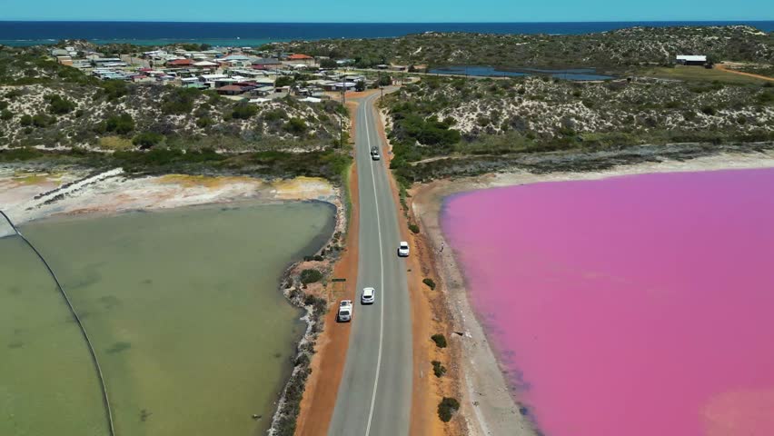 Scenic aerial view of the Hutt Lagoon Pink Lake landscape, Hutt Lagoon Marine Salt Lake on Coral Coast near Port Gregory, Romantic travel, Australia