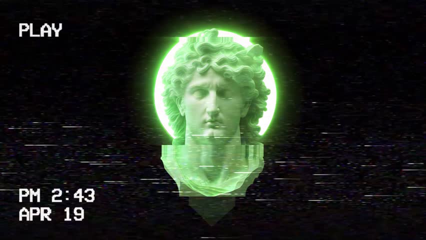 Fake VHS tape with distortion and hue shift: the head of an ancient greek statue representing a fierce man with long curly hair, over an illuiminated round sphere behind it. Vaporwave vibes.
 - Powered by Shutterstock - Get 15% off with code: PIKWIZARD15