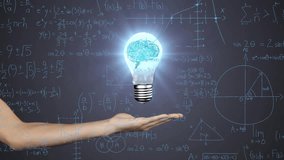 Animation of light bulb with brain over woman's hand and mathematical data processing. Global science, computing and data processing concept digitally generated video. - Powered by Shutterstock - Get 15% off with code: PIKWIZARD15