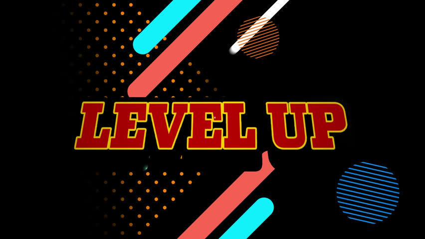 Animation of level up text on retro speech bubble and colorful abstract shapes on black background. Video game and entertainment technology concept - Powered by Shutterstock - Get 15% off with code: PIKWIZARD15