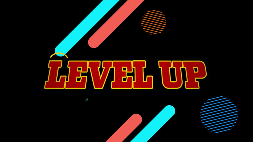 Animation of level up text on retro speech bubble and colorful abstract shapes on black background. Video game and entertainment technology concept - Powered by Shutterstock - Get 15% off with code: PIKWIZARD15