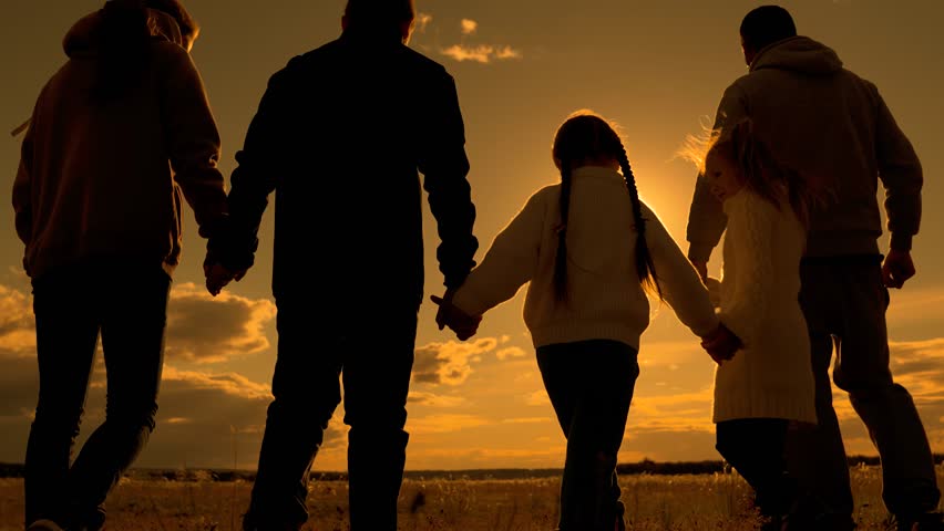 Big family plays in park at sunset, children, parents run together under sun. Father, mother, daughter, son are running happily in nature. Children dream, son daughter. Happy family team mom dad kids Royalty-Free Stock Footage #1111315807