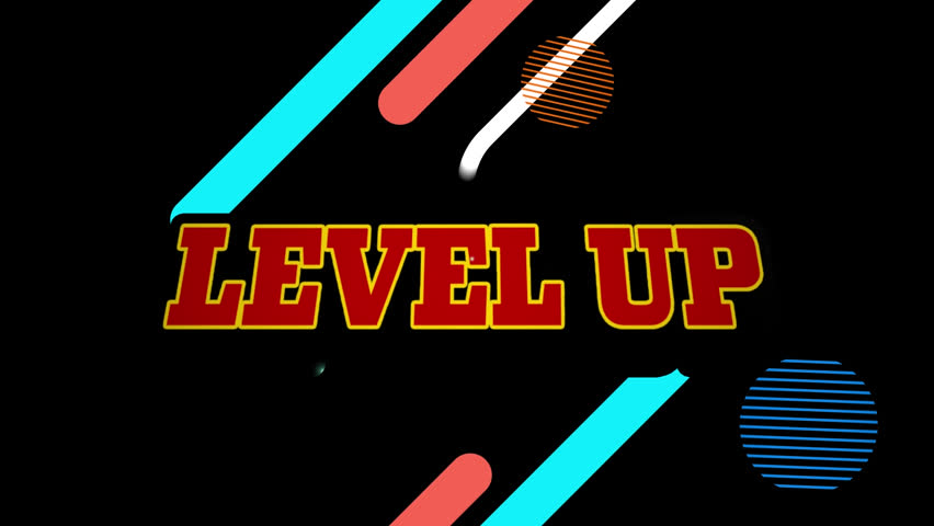 Animation of level up text on retro speech bubble and colorful abstract shapes on black background. Video game and entertainment technology concept - Powered by Shutterstock - Get 15% off with code: PIKWIZARD15