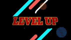 Animation of level up text on retro speech bubble and colorful abstract shapes on black background. Video game and entertainment technology concept - Powered by Shutterstock - Get 15% off with code: PIKWIZARD15