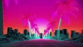 Retro Distortion VHS Synthwave  Palm Tree Sunset Driving Loop