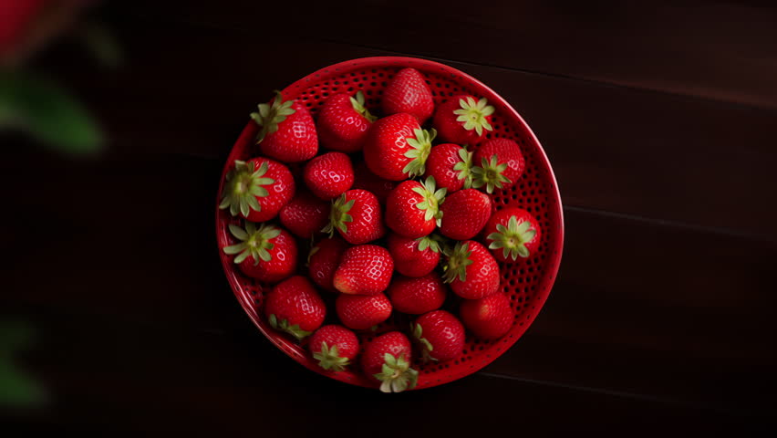 Strawberries spiraling and falling into a fruit basket full of berries slow motion