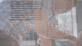 Animation of infographic interface over diverse male teacher teaching students using laptop. Digital composite, multiple exposure, report, business, childhood, togetherness, global, technology. - Powered by Shutterstock - Get 15% off with code: PIKWIZARD15