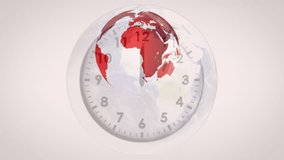 Animation of people and planet earth over clock ticking on white background. Business, time, time passing concept digitally generated video.