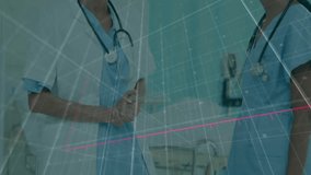 Animation of statistics and financial data processing over diverse doctors. Global medicine, business, connections, computing and data processing concept digitally generated video.