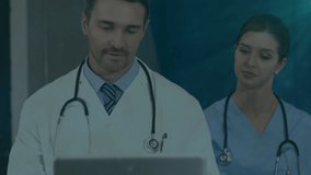 Animation of network of icons over diverse doctors. Global medicine, business, connections, computing and data processing concept digitally generated video.