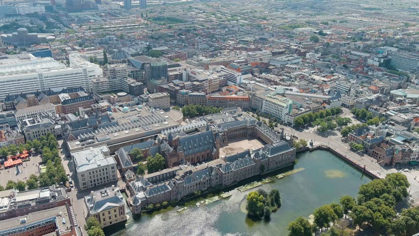 The Hague, Netherlands. Binnenhof. Hofvijver lake in the historical city center. Cloudy weather. Summer day, Aerial View, Point of interest